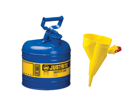 TYPE I STEEL SAFETY CAN FOR FLAMMABLES, WITH FUNNEL, 2 GALLON (7.5L), S_S FLAME ARRESTER, SELF-CLOSE LID BLUE