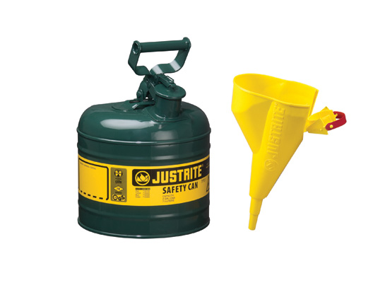 TYPE I STEEL SAFETY CAN FOR FLAMMABLES, WITH FUNNEL, 2 GALLON (7.5L), S_S FLAME ARRESTER, SELF-CLOSE LID GREEN