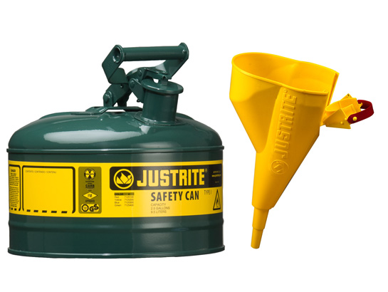Type I Steel Safety Can for flammables, with Funnel, 1 gallon (4L), S_S flame arrester, self-close lid GREEN